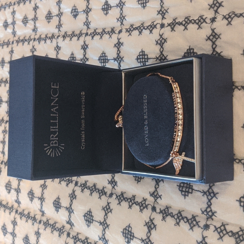 Brilliance Crystals from Swarovski Rose Gold Loved & Blessed Cross Wing Bracelet